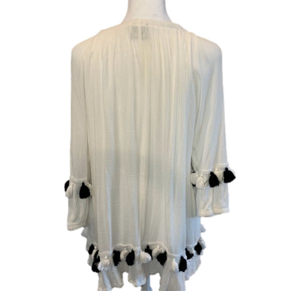 White Blouse with blue & white tassels, scoop neck, quarter length sleeve Lrg - Picture 5 of 6